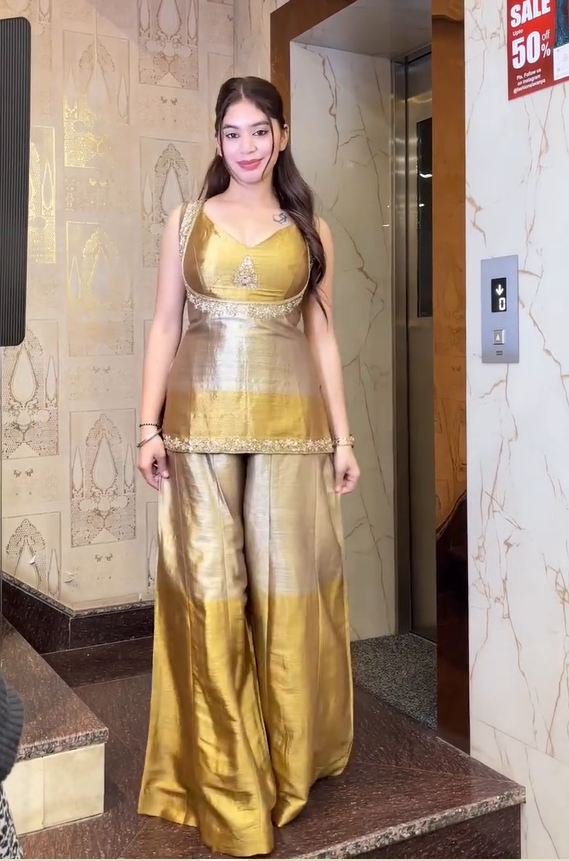 Goldan silk zari tissue kurta and sharara Set