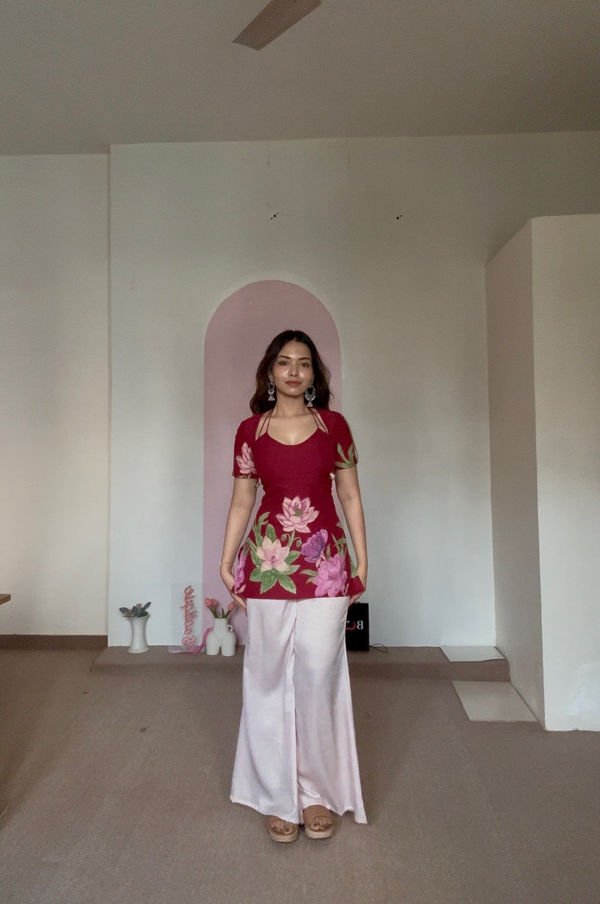 Laila Kurti – Deep Maroon Floral Pure Silk Kurti with Soft Double Lining